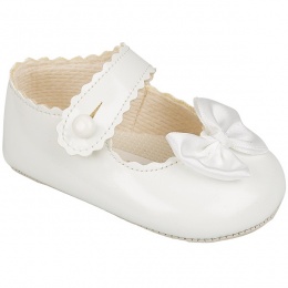 Baby Girls White Button Bow Patent Pram Shoes
